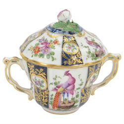 19th century porcelain chocolate cup and cover, decorated in the manner of Worcester with exotic birds, probably Samson Paris 