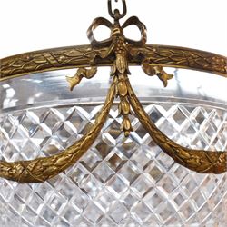 Late 20th century gilt metal ceiling light, circular form decorated with rams heads and swags, frosted glass bowl with bevelled decoration (D51cm); together with another late 20th century gilt metal ceiling ight, decorated with ribbons and rams heads with laurel swags, moulded glass bowl (D32cm)