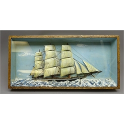  20th century naive Diorama of a three masted sailing vessel under full sail in a choppy sea, in glazed front case, W90cm, H43cm, D12cm   