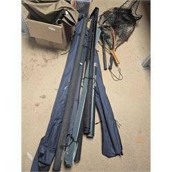 Collection of fly fishing equipment and similar, including Pflueger Summit 5 Fly Rod, Stimulator ST8605 Fly Rod, Power Plus Tiger Edition, Snowbee net and two others, Snowbee waders size 10, Abu Garcia 276Ui reel, Predator fly reel, Stealth Cassette 1 Fly Reel, etc 