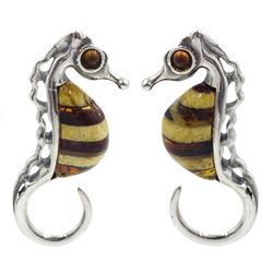 Pair of silver Baltic amber seahorse stud earrings, stamped 925 