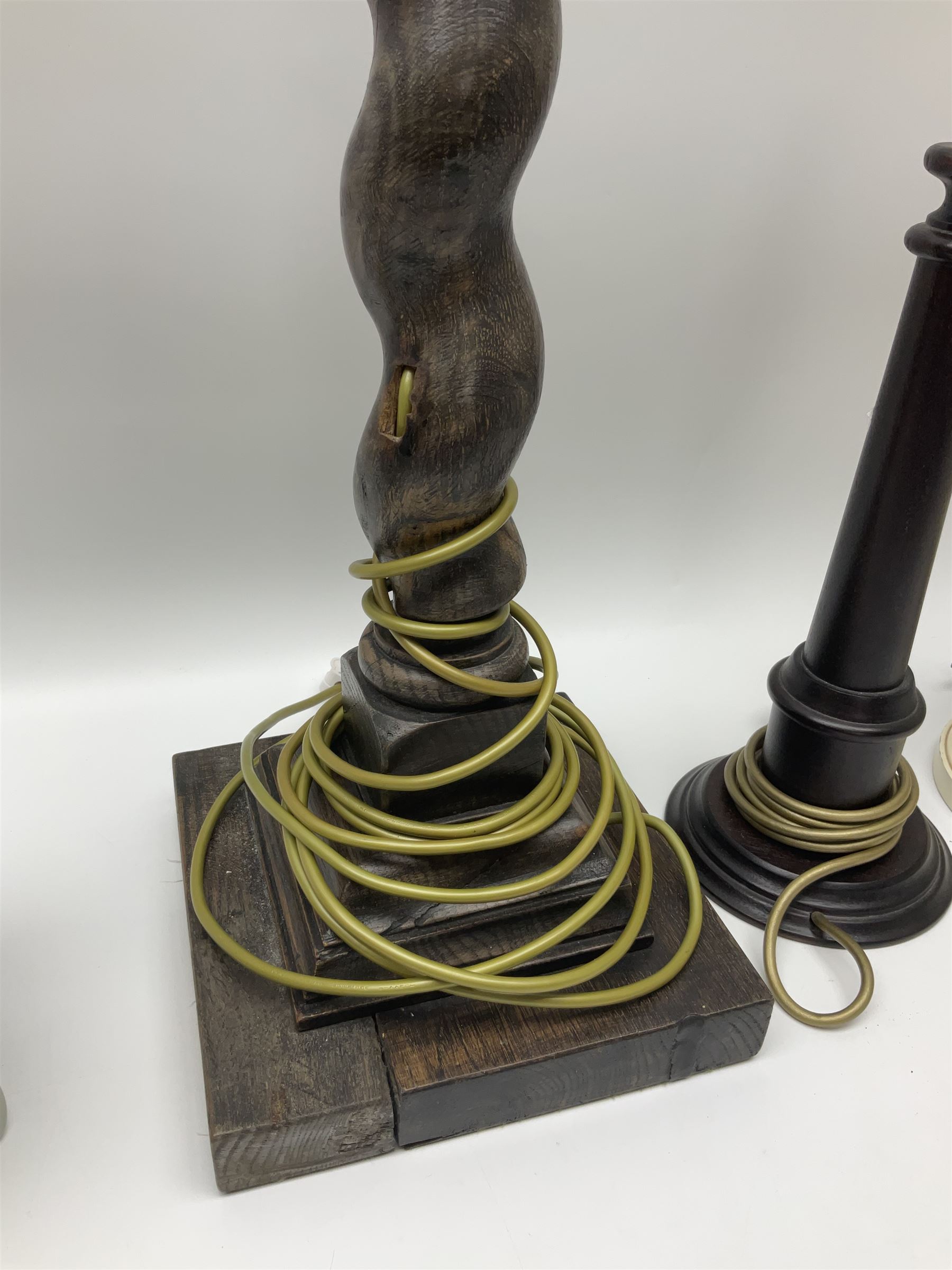 19th century oak barley twist table lamp, together with three other table lamps, including off white painted foliate example, tallest H86cm