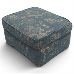 Edwardian design Knole-type drop-end two seat sofa, of traditional shape with hinged drop arms held by ropetwist tassels, upholstered in cobalt blue geometric patterned fabric, with loose seat and scatter cushions; together with matching ottoman footstool (W70cm D55cm H39cm)