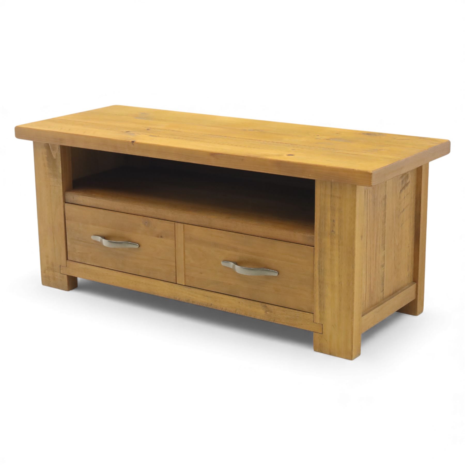 Contemporary pine television stand, with rectangular moulded top above an open shelf, fitted below with two drawers with brushed metal handles, plain sides, raised on square block fee
