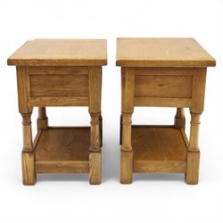 Old Charm - ‘Chatsworth’ pair of light oak lamp tables, each with moulded rectangular top, single drawer and metal drop handle, raised on turned supports joined by undertier shelves
