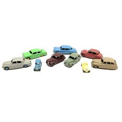 Dinky - seven unboxed and playworn die-cast cars comprising Studebaker, Ford Sedan, Rover 75, Vanguard, Austin Somerset and two Austin Devons; together with two Dublo size scale cars (9)