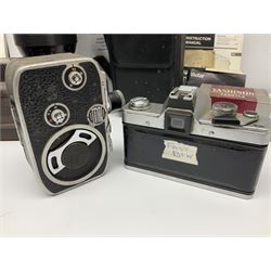 Collection of camera bodies, lenses and equipment, to include Black Rollei B35 Compact Camera body, with 'Triotar 3.5/40' lens, Praktica BMS camera body, with 'Prakticar PB 4-5.6/70-210' lens, Pillard Bolex C8 camera body, serial no. 559618, withYvar 1:1.9 f=13mm' lens etc