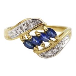 9ct gold marquise sapphire and diamond crossover ring, hallmarked 