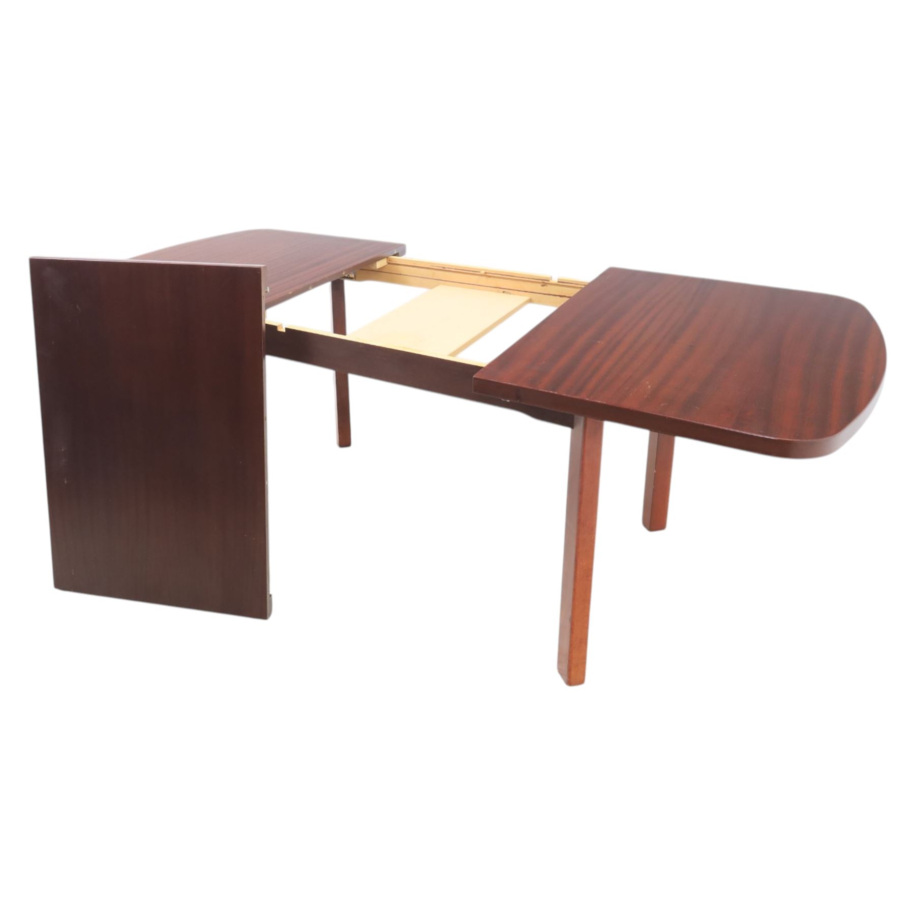 Mid-20th century mahogany extending dining table, with additional leaf, raised on square legs