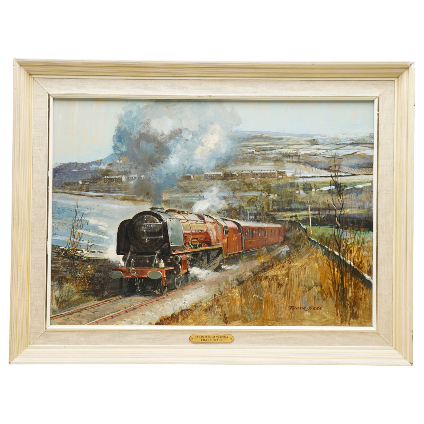 Frank Wass (British 20th century): 'British Railways Princess Coronation Duchess of Hamilton - Stanier 8p 4-6-2 on the KWV Railway', oil on board signed, titled dated 1984 and dedicated verso 38cm x 54cm