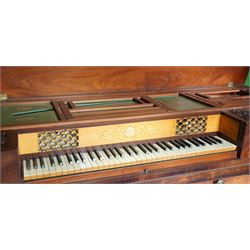 Early 19th century George IV Square Piano by William Rolfe & Co, 112 Cheapside, London, c1821. Mahogany veneered case with rosewood crossbanding and brass stringing, with sustain pedal and reeded legs on a tapered spiral with brass capitals, with three music draws beneath and a folding duet music stand, nameboard with makers name on a round gilt medallion and open silk backed fretwork to the ends, serial No 6699, double strung, English double action with 68 ivory and ebony keys, F1-C7. original strings, hammers and dampers, soundboard and bridge in good condition, with original makers written instructions on regulating the action and tuning the piano attached to the inside of the instrument. In good condition, however the action is in need of regulation and tuning.
William Rolfe is thought to have been in business between 1785 and 1828. 
Given the intricate nature of these historic instruments, specialist support will be available if required, to assist successful buyers with safe removal and onward handling. Price upon application.


This item has been registered for sale under section 10 of the APHA Ivory Act Reference PB6GL6SZ