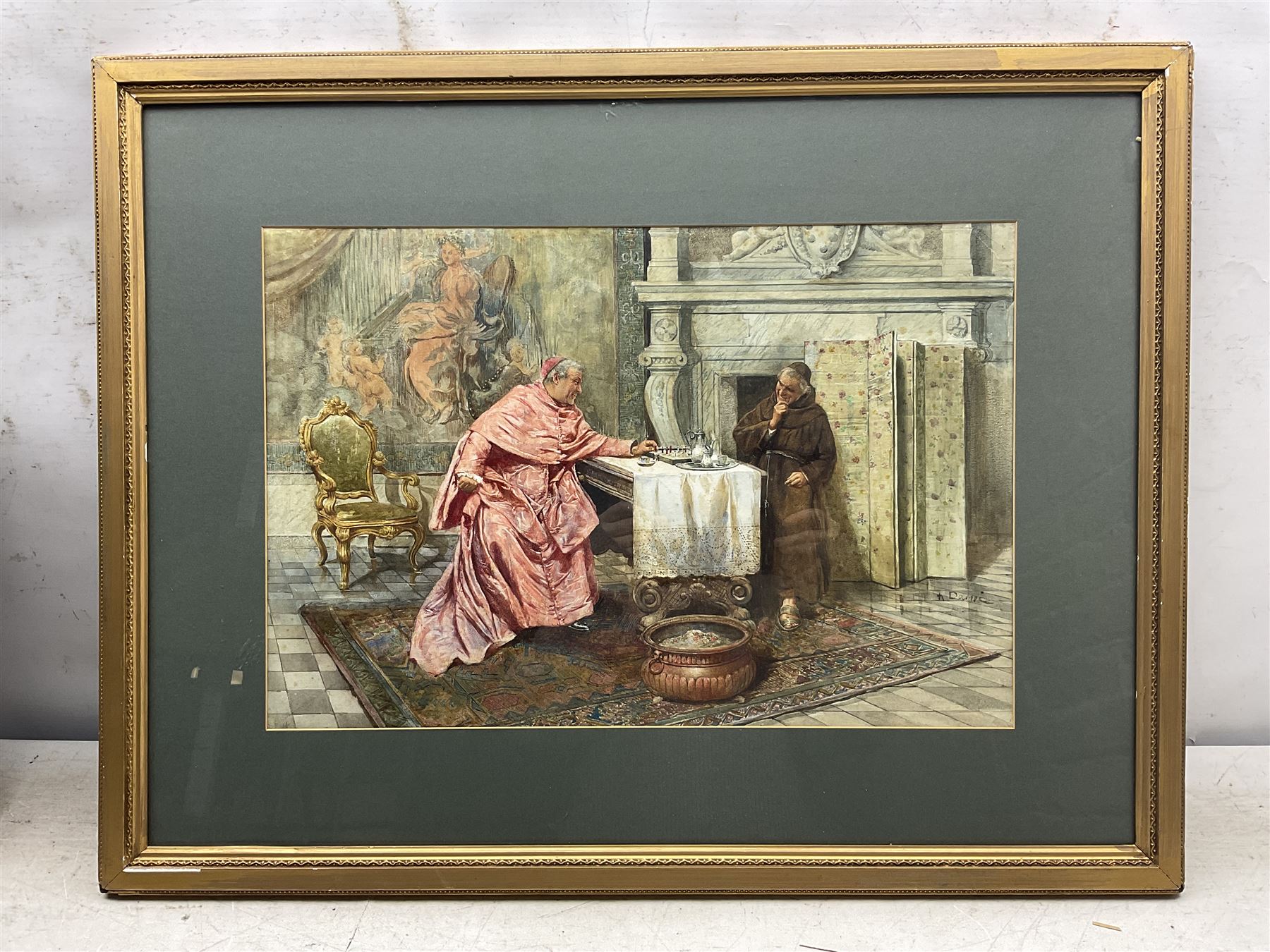 Augusto Daini (Italian 1860-1920): A Discussion Over Chess, watercolour signed 36cm x 53cm 