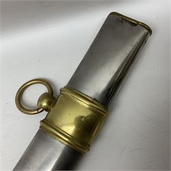 19th century French Chasseur a Cheval de la Guard trooper's sword with 86.5cm slightly curving fullered blade, brass three-bar hilt with elongated elliptical langets and wire-bound leather grip; in polished steel scabbard with two brass suspension rings L104cm overall