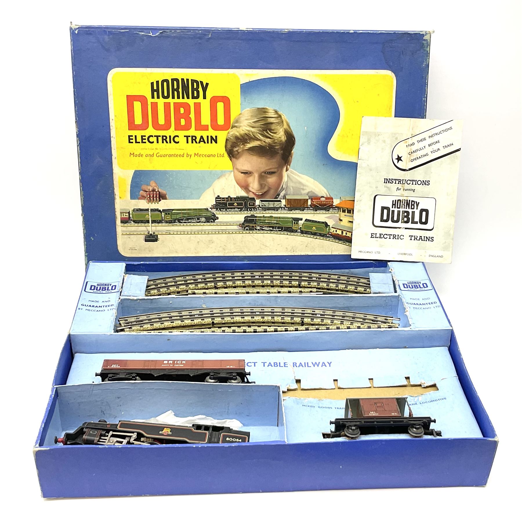 Hornby Dublo - three-rail EDG18 Tank Goods Train set with BR black 4MT Standard 2-6-4 tank locomotive No.80054, one open wagon, brake van and quantity of track, boxed with instructions.