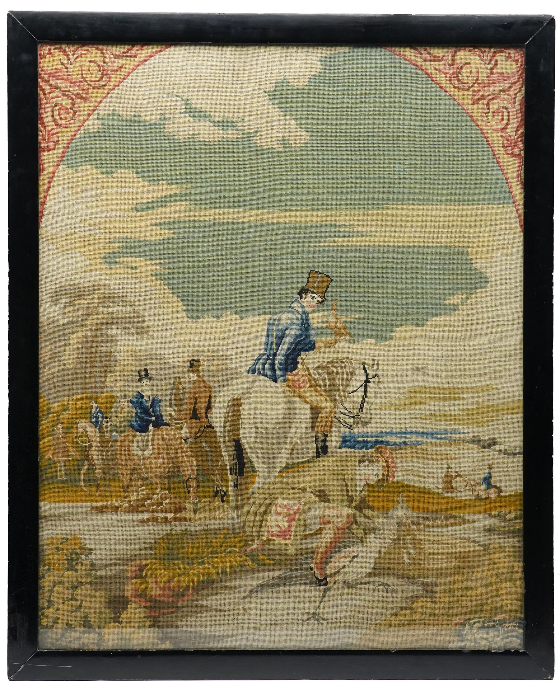 Victorian needlework depicting a hunting party, the central figure holding a hawk, 75cm x 60cm 