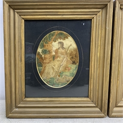 A pair of George III silk work pictures, the first depicting a female figure with staff and two sheep by her feet, the second depicting a seated female figure engaged in needlework, each within oval mount and gilt frame under glass, silkworks H21cm L15.5cm. 