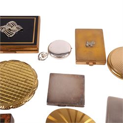 Collection of vintage compact mirrors, pill boxes and vanity cases, including Agme, Coty and Flamingo examples