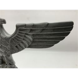 WW2 German cast white metal desk ornament/paperweight as the eagle insignia on later turned mahogany plinth H22cm