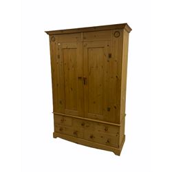 Pine double wardrobe, fitted with five drawers