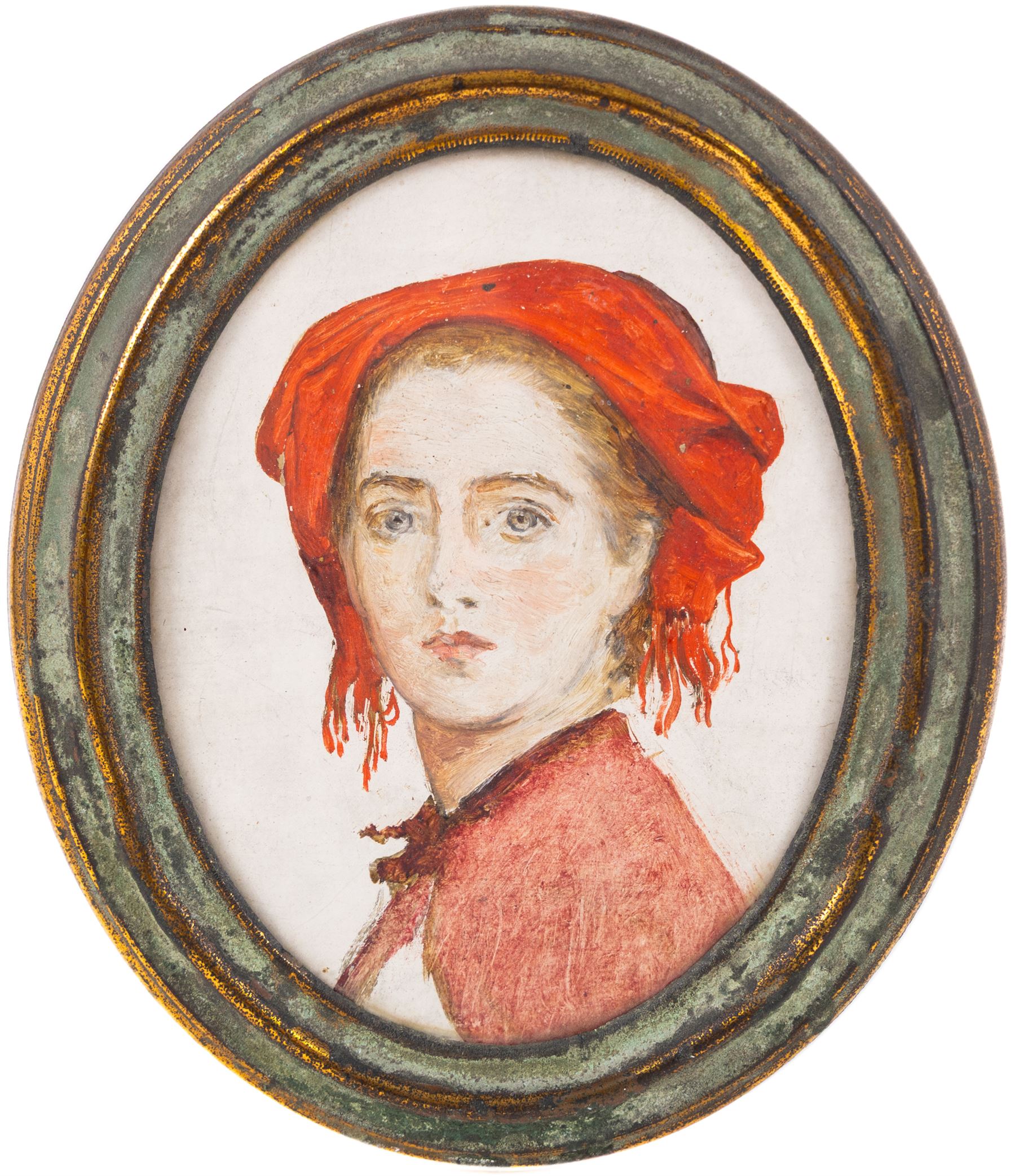 English School (19th Century): Portrait of a Girl with Red Head Covering, oval oil on board unsigned 17cm x 13cm 