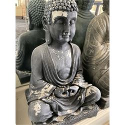 Three cast seated Buddhas and an elephant (4)- LOT SUBJECT TO VAT ON THE HAMMER PRICE - To be collected by appointment from The Ambassador Hotel, 36-38 Esplanade, Scarborough YO11 2AY. ALL GOODS MUST BE REMOVED BY WEDNESDAY 15TH JUNE.