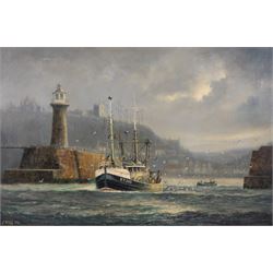 Jack Rigg (British 1927-2023): Kirkudbright Trawler KY209 'Ocean Venture' leaving Whitby Harbour in a Squall, oil on canvas signed and dated 1982, 50cm x 75cm