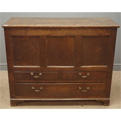  18th century elm mule chest, hinged  plank lid, panelled front, two short and one long drawer, bracket feet, W122cm, H96cm, D50cm  