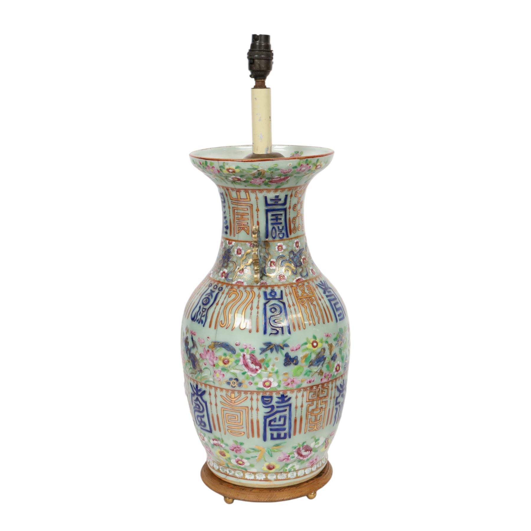 Early 20th century Chinese celadon ground vase, converted to lamp, of baluster form with flared neck and applied twin scroll handles to shoulders, the body decorated with polychrome enamels of birds amongst flowering branches, between bands of archaistic characters in blue, iron red and gilt, including fittings H60cm