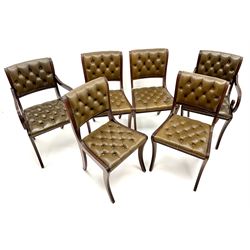 Set six (4+2) Georgian style dining chairs upholstered in deep buttoned dark green leather 