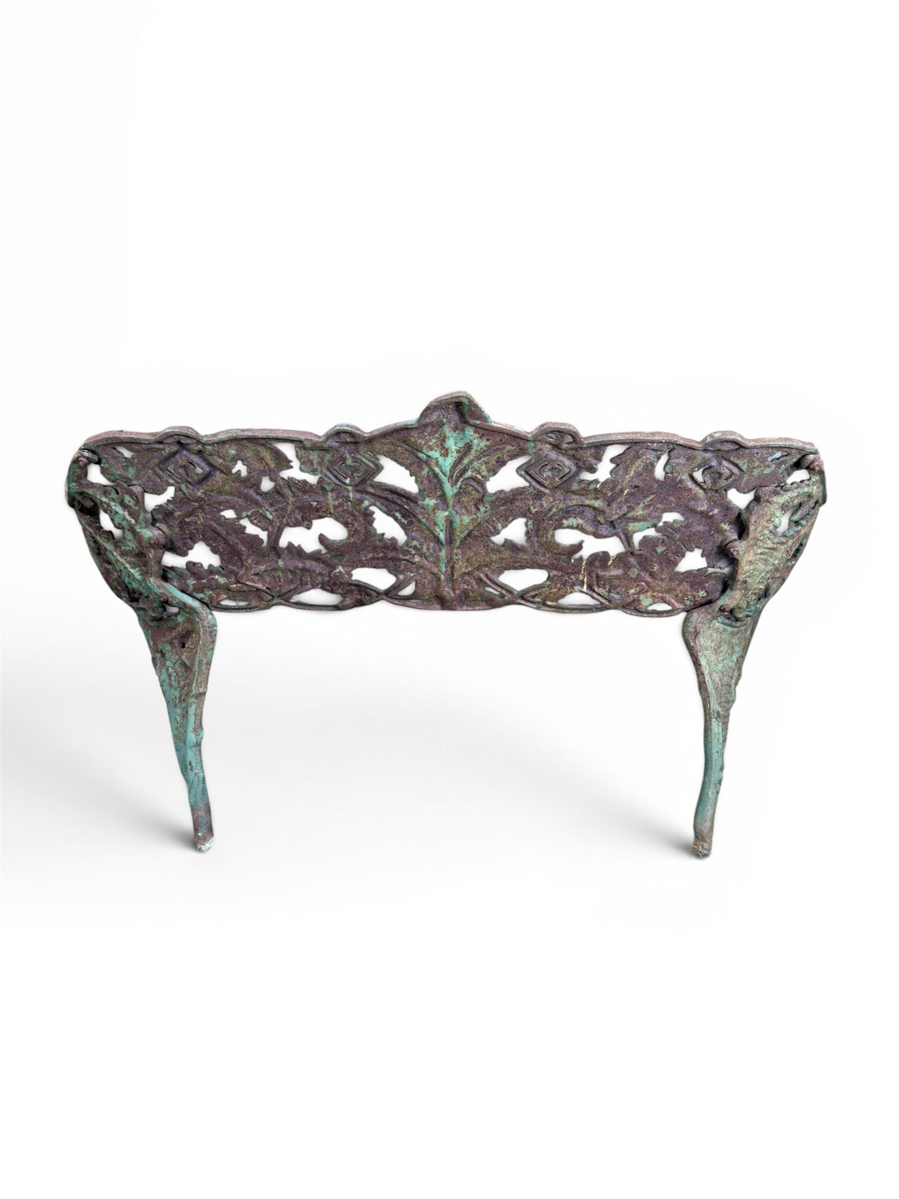 Victorian naturalistic design heavy cast iron garden bench, well defined fern pattern curved back-rest with arms, lacking seat slats for restoration