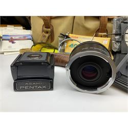 Pentax 67II camera with Asahi SMC Pentax - 6x7 ‘1:4 45mm’ lens, Asahi Takumar / 6x7 ‘1:4.5/75’ lens, Asahi Macro-Takumar / 6x7 ‘1:4/135’ lens, Asahi SMC Pentax - 6x7 ‘1:2.8 165mm’ lens, Asahi Pentax 6x7 rear converter ‘T6-2X’, lens filters and various other accessories, housed in a Billingham carry bag