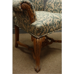  Pair of George lll style upholstered armchairs, plain backs and curved arms on acanthus and scroll carved oak supports joined by curved stretcher with pierced cresting, H114cm, (2)  