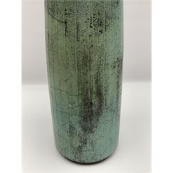 Peter Sparrey contemporary studio pottery vase, of tapering cylindrical form, the fluted body with decorative cracks and crazing, upon a mottled green/blue and black ground, with impressed mark, H33.5cm
