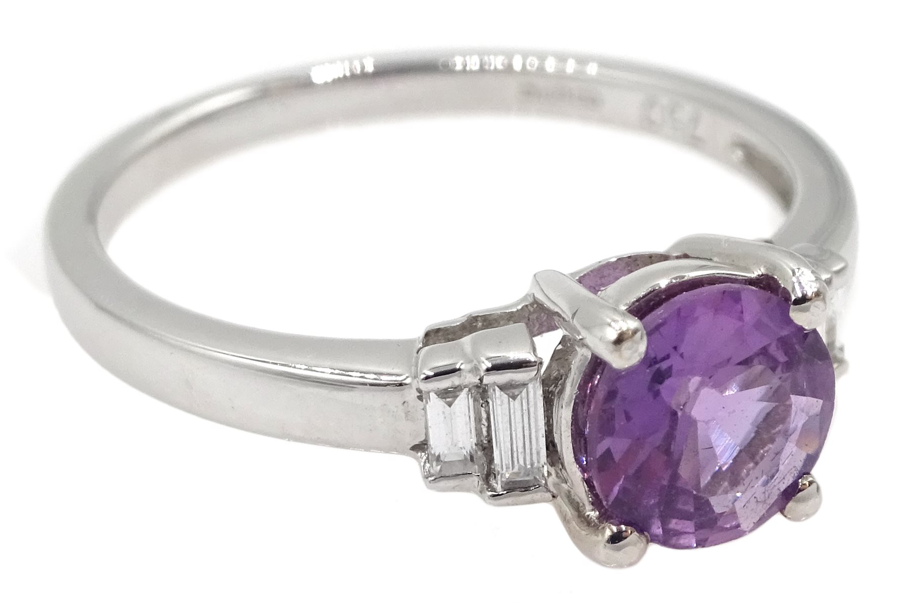 18ct white gold fancy purple sapphire ring, with baguette diamond shoulders, hallmarked