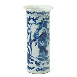 Chinese blue and white sleeve vase, finely painted with panels of warriors performing for ...