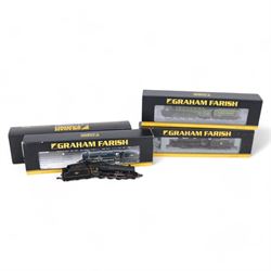 Four Graham Farish 'N' gauge steam locomotives, comprising 372-602 V2 Class 4844 'Coldstreamer' locomotive LNER Doncaster Green,  372-800 Class A1 60163 'Tornado' locomotive BR Doncaster Green, 372-137K Black 5 45157 'The Glasgow Highlander' BR Lined Black Late Crest and 372-650 Standard Class 4MT 2-6-0 76053 locomotive BR Lined Black, all boxed 