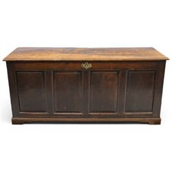 18th century oak coffer, rectangular top with moulded top, four fielded panel front, raise...