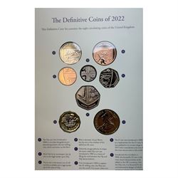 Seven The Royal Mint United Kingdom uncirculated coin sets, comprising  2008 'Emblems of Britain' seven coins, 2010 'A celebration of Britain' eight coins, 2014 'Definitive' eight coins, 2015 'The Fourth Circulating Coinage Portrait Final Edition' eight coins, 2022 'Definitive' eight coins, 2023 'King Charles III Definitives' eight coins and 2024 'Definitive' eight coins, all in card folders
