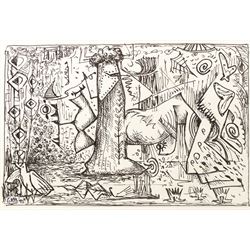 Graham Kingsley Brown (British 1932-2011): Abstract Surreal Drawing, pen and ink signed with initials and dated '95, 14cm x 20cm 
Provenance: consigned by the artist's daughter - never previously been on the market.