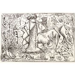 Graham Kingsley Brown (British 1932-2011): Abstract Surreal Drawing, pen and ink signed with initials and dated '95, 14cm x 20cm 
Provenance: consigned by the artist's daughter - never previously been on the market.