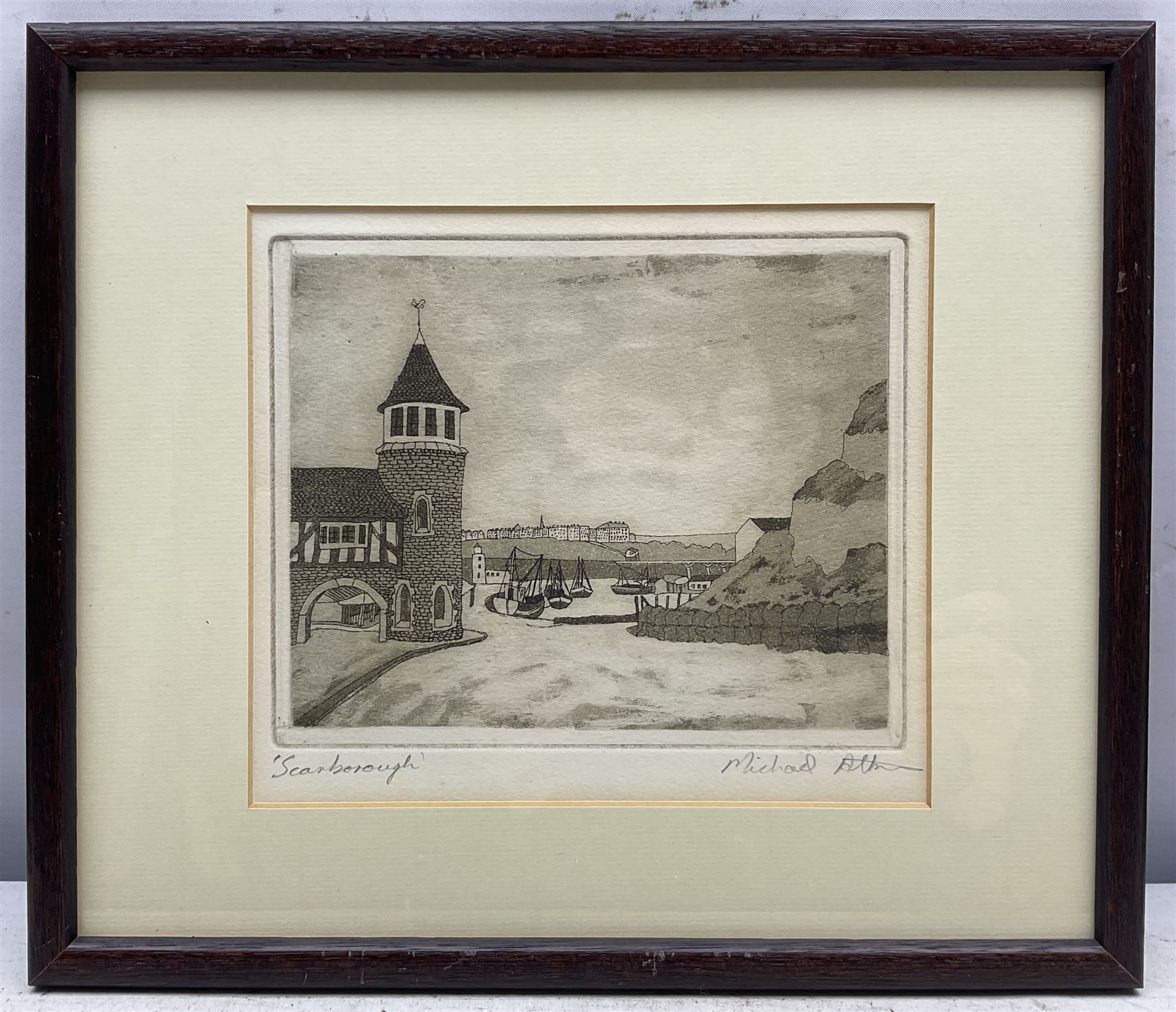 Michael Atkin (Scarborough 1952-): 'Castle by the Sea', 'Scarborough', 'Grand Hotel', and 'Market Place - Whitby', set four etchings with aquatint signed and titled in pencil 18cm x 14cm (4)