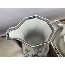 Royal Winton Art Deco style wash jug and bowl, in geometric purple design, together with two other large wash jugs with bowls and other similar ceramics, in three boxes 