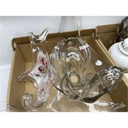 Four pieces of art glass, including twin handled basket bowl, etched glasses and matching decanter and a collection of other ceramics and glassware, in three boxes