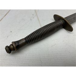 Fairburn and Sykes Commando fighting knife, 3rd pattern with 17cm double edged blade and copperised grip; no markings; in cut-down plain leather sheath L31.5cm