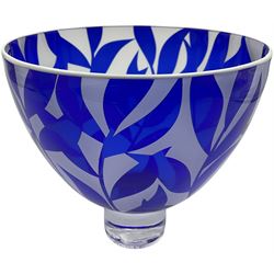 Gillies Jones of Rosedale glass bowl decorated with blue foliage with white rim, upon a short clear tapering foot, signed to base, H13cm D14cm