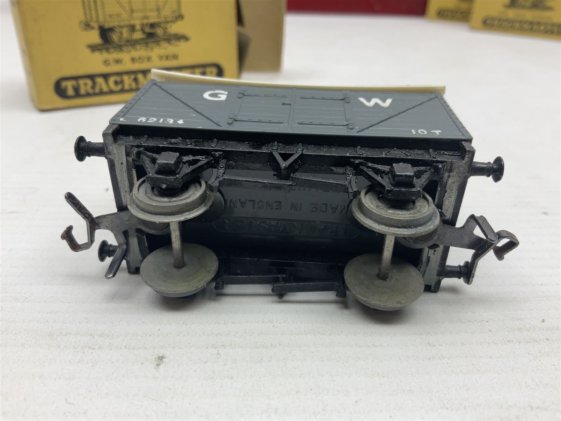 Hornby Dublo - 4620 Breakdown Crane No.133 in red with Match Trucks; boxed; another unboxed 4620 Breakdown Crane No.144 in black 'Cowans Sheldon' with Match Trucks; and nine Trackmaster goods wagons comprising three GW Open Wagons, two GW box vans, three NE Open Wagons and one NE Box Van; all boxed (11)