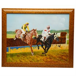 English Naive School (Early 20th century): Horseracing, watercolour signed; Julie Brennan (British 20th Century): Two Racehorses and Jockeys taking the Jump, oil on canvas signed and dated '98, max 40cm x 50cm (2)