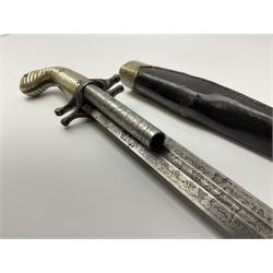 Rare double barrel percussion knife pistol by Dumonthier & Sons (NVN), approx. .38 calibre, with 8.5cm barrels and central 21.5cm spear pointed blade, all with etched damascening, upper quillons serve as hammers for the percussion ignition with single drop down trigger and fluted nickel grips, in nickel mounted leather covered tin scabbard L33.5cm overall