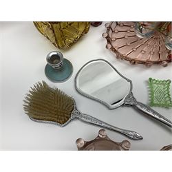 Swedish Svenskt Glass limited edition blue glass salmon, modelled by Paul Hoff, together with two vintage moulded coloured glass dressing table sets with jars and trays, spinning shot glass holder with abstract design glasses and an Art Deco vase, etc 