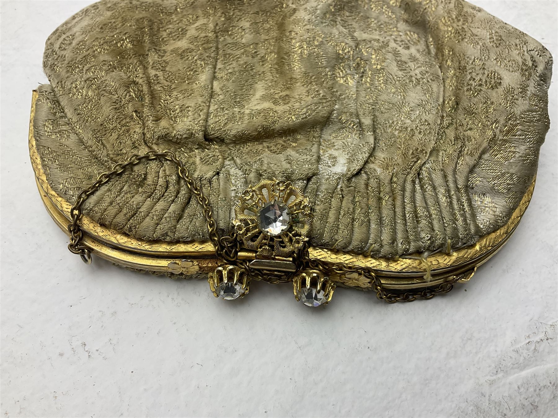 Victorian three piece mourning dress, with lace trim and jet beading, including velvet coat with satin collar panels and cuffs, the nipped waist with boning and slight flared peplum, heavily embellished beaded high neck collar, and ladies embroidered silk lined purse with gilt handle, mount and clasp